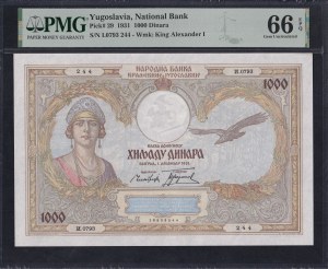 Yugoslavia, 1000 Dinara, 1931, Gem UNC 66 EPQ