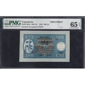 Yugoslavia, 100 Lir, 1944, Gem UNC 65 EPQ, ''SPECIMEN''