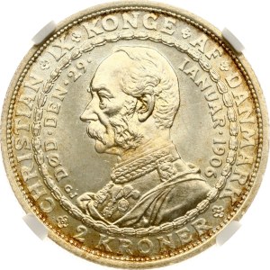 Denmark 2 Kroner 1906 VBP GJ Death of Christian IX NGC MS 65