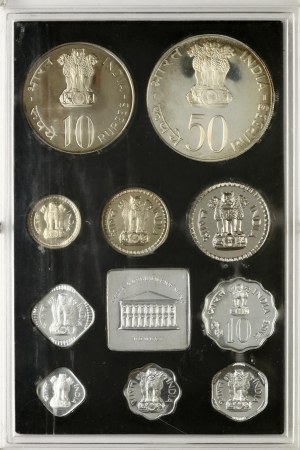 India 1 Paisa - 50 Rupees 1974 PROOF Set Lot of 10 coins & token