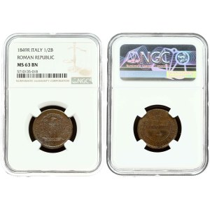 Italy Roman Republic 1/2 Baiocco 1849 R NGC MS 63 BN