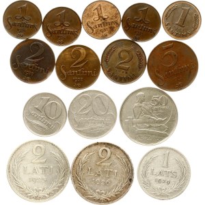 Latvia 1 Santims - 2 Lati 1922-1939 Set Lot of 15 coins