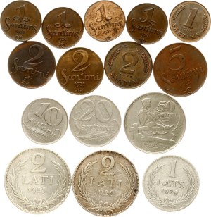 Latvia 1 Santims - 2 Lati 1922-1939 Set Lot of 15 coins