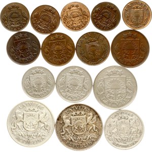 Latvia 1 Santims - 2 Lati 1922-1939 Set Lot of 15 coins