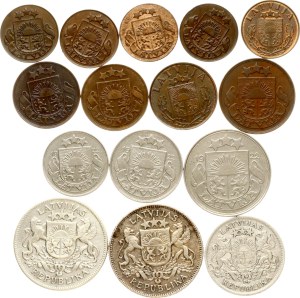 Latvia 1 Santims - 2 Lati 1922-1939 Set Lot of 15 coins