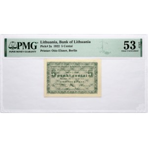 Lithuania 5 Centai 1922 PMG 53 About Uncirculated EPQ