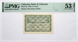 Lithuania 5 Centai 1922 PMG 53 About Uncirculated EPQ