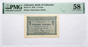 Lithuania 1 Centas 1922 PMG 58 Choice About Unc