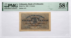 Lithuania 1 Centas 1922 PMG 58 Choice About Unc EPQ