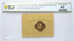 Lithuania 2 Centu ND (1922) Photo Back Proof PCGS 62 UNC