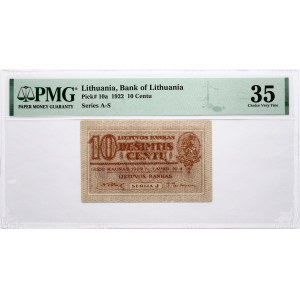 Lithuania 10 Centu 1922 PMG 35 Choice Very Fine