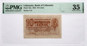 Lithuania 10 Centu 1922 PMG 35 Choice Very Fine