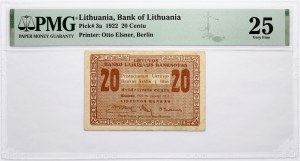 Lithuania 20 Centu 1922PMG 25 Very Fine