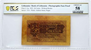 Lithuania 20 Centu ND (1922) Photo Face Proof PCGS 58 CHOICE AU