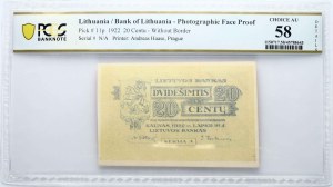 Lithuania 20 Centu ND (1922) Photo Face Proof PCGS 58 CHOICE AU
