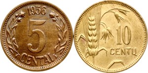 Lithuania 10 Centu 1925 & 5 Centai 1936 Lot of 2 coins