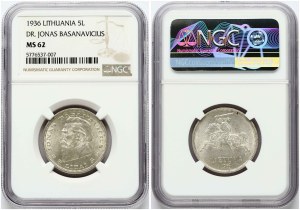 Lithuania 5 Litai 1936 Basanavičius NGC MS 62