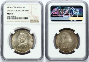 Lithuania 10 Litų 1936 Vytautas NGC MS 64