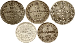 Russia 5 & 10 Kopecks 1839-1898 Lot of 5 coins