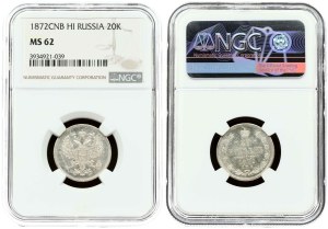 Russia 20 Kopecks 1872 СПБ-HI NGC MS 62