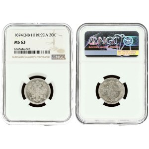 Russia 20 Kopecks 1874 СПБ-HI NGC MS 63