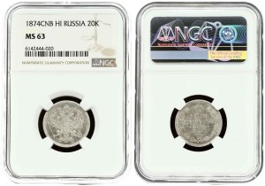 Russia 20 Kopecks 1874 СПБ-HI NGC MS 63