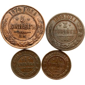 Russia 1 - 5 Kopecks 1874-1893 Lot of 4 coins