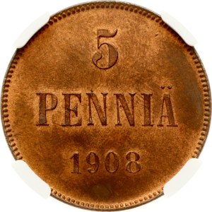 Russia For Finland 5 Pennia 1908 NGC MS 64 RB