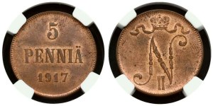 Russia for Finland 5 Pennia 1917 NGC MS 63 RB