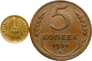Russia USSR 5 Kopecks 1924 & 1 Kopeck 1935 Lot of 2 coins