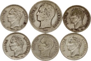 Venezuela Bolivar & 2 Bolivares 1936-1960 Lot of 6 coins