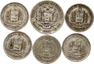 Venezuela Bolivar & 2 Bolivares 1936-1960 Lot of 6 coins