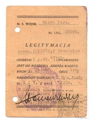 II RP Legitimation of the Cross of Valour of the 1st Krechowiec Lancers Regiment Signature of Michał Karaszewicz-Tokarzewski