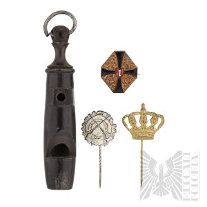German Empire Military Whistle and 3 Patriotic Pins.