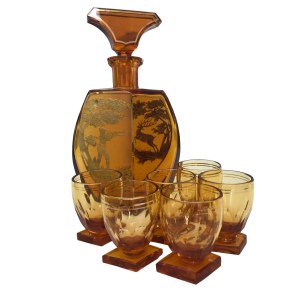 Hunting set: decanter and 6 glasses, Czech Republic 20th century.