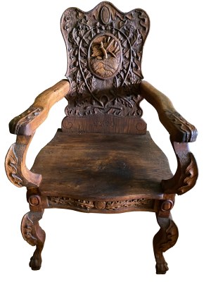 Wooden hunting armchair, 19th/20th c. Box bench with carved backrest in Art Nouveau style, 20th c.