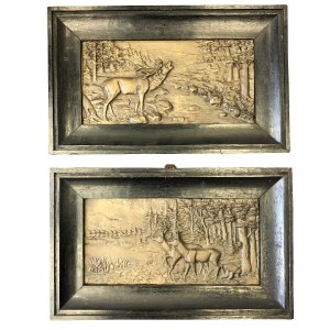 A pair of reliefs with hunting motifs, (deer and doe) 20th century.
