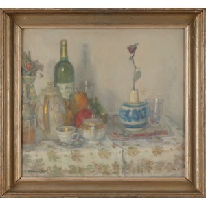 Olgierd BIERWIACZONEK (1925-2002), Martwa natura z kwiatkiem, owocami i winem (1998)