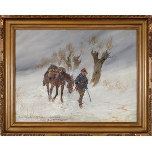 Jerzy KOSSAK (1886-1955), W zimowej zamieci - ułan z koniem (1921)