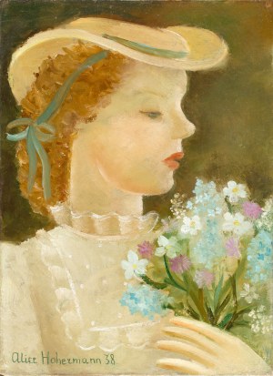 Alicja Hohermann (1902 Warsaw - 1943 Treblinka), Portrait of a girl with a bouquet of flowers, 1938