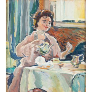 Olga Słomczyńska (1881 Vevey - 1941 Paryż), Kobieta pijąca herbatę (recto)/ Pejzaż miejski z drzewem (verso)