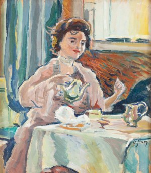 Olga Slomczynska (1881 Vevey - 1941 Paris), Woman drinking tea (recto)/ City landscape with tree (verso)