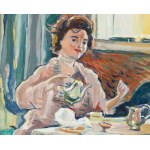 Olga Słomczyńska (1881 Vevey - 1941 Paryż), Kobieta pijąca herbatę (recto)/ Pejzaż miejski z drzewem (verso)
