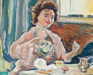 Olga Slomczynska (1881 Vevey - 1941 Paris), Woman drinking tea (recto)/ City landscape with tree (verso)