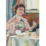 Olga Słomczyńska (1881 Vevey - 1941 Paryż), Kobieta pijąca herbatę (recto)/ Pejzaż miejski z drzewem (verso)