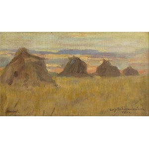 Łucja Bałzukiewicz (1887 Wilno - 1976 Lublin), Pejzaż ze stogami siana ze Sławinka, 1951