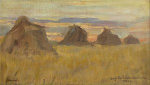 Lucja Balzukiewicz (1887 Vilnius - 1976 Lublin), Landscape with haystacks from Slawinek, 1951