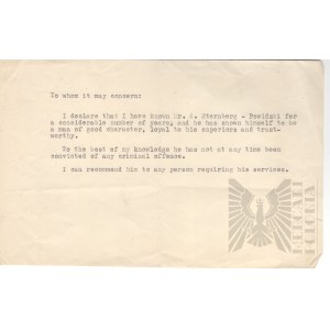 XX w. - Dokument List Polecający A. Sternberga-Powidzkiego