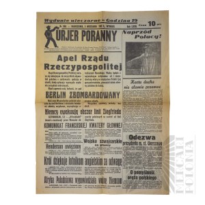 II Wojna Światowa - ,,Kurjer Poranny - Wydanie Wieczorne - Godzina 19 z 5.09.1939 r. Warszawa
