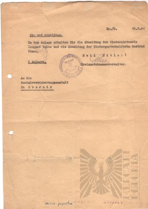 2 W.W./III Reich Document from the Social Insurance Institution - Obornik Greater Poland